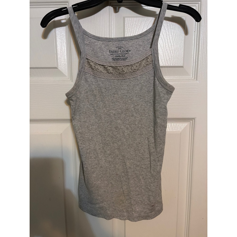 Faded Glory Girls Gray Ribbed Tank Topβ Lace Trim Camisole Size Large 10-12